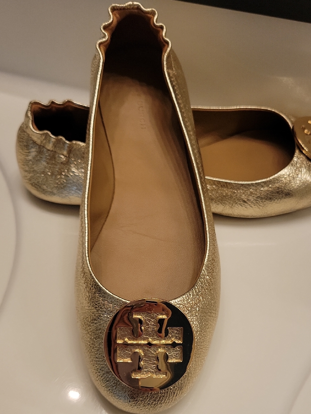 Tory Burch Minnie Travel Ballet Flats In Gold Metallic